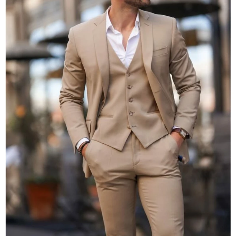 

Fashion New Men's Suits Solid Color Notched Lapel Slim Fit 3 Pieces Set Wedding Tuxedos Blazers Jacket Coat Vest Pants