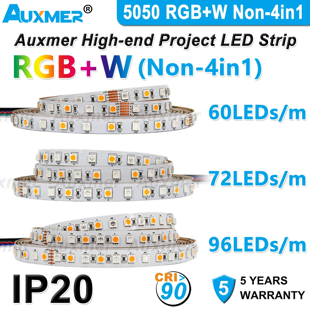 

5050RGB+W LED Strip,CRI90,96LEDs/m or 72LEDs or 60LEDs/m Lights,RGBW,Non-4in1,IP20,DC24V,for KTV,Entertainment Room,Sports Room