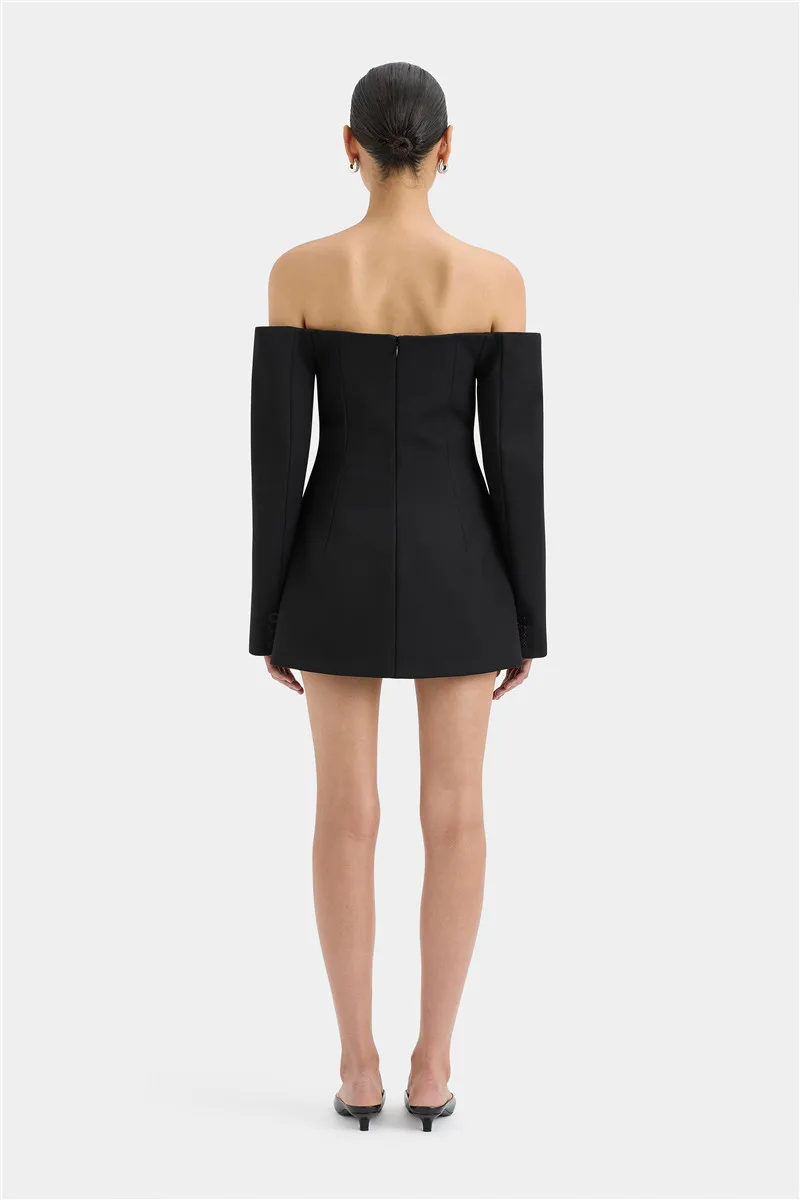 Off-shoulder Strapless Sexy Blazer Dress For Women Fashion Solid Zipper Two Pocket Long Sleeve Backless Mini Dress