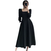 

Black Hepburn Dresses Women's Elegant Vintage Party Dress 2022 Thin French Square Collar Long Sleeve Gothic Dress Mujer Vestidos