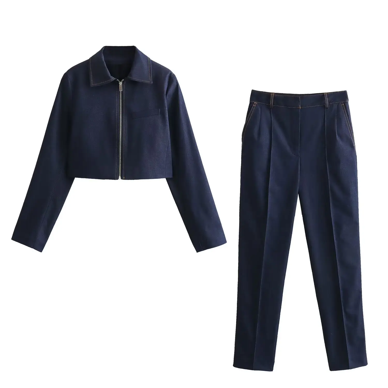 

Women New Fashion Contrast Shining Short Jacket Coat Trim Trim Pants Vintage Long Sleeve Zipper Casual Chic Female Suits Mujer