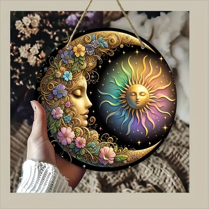Mandala Art Sun & Moon Wooden Wall Plate - Classic Floral Design, 8x8 Inches