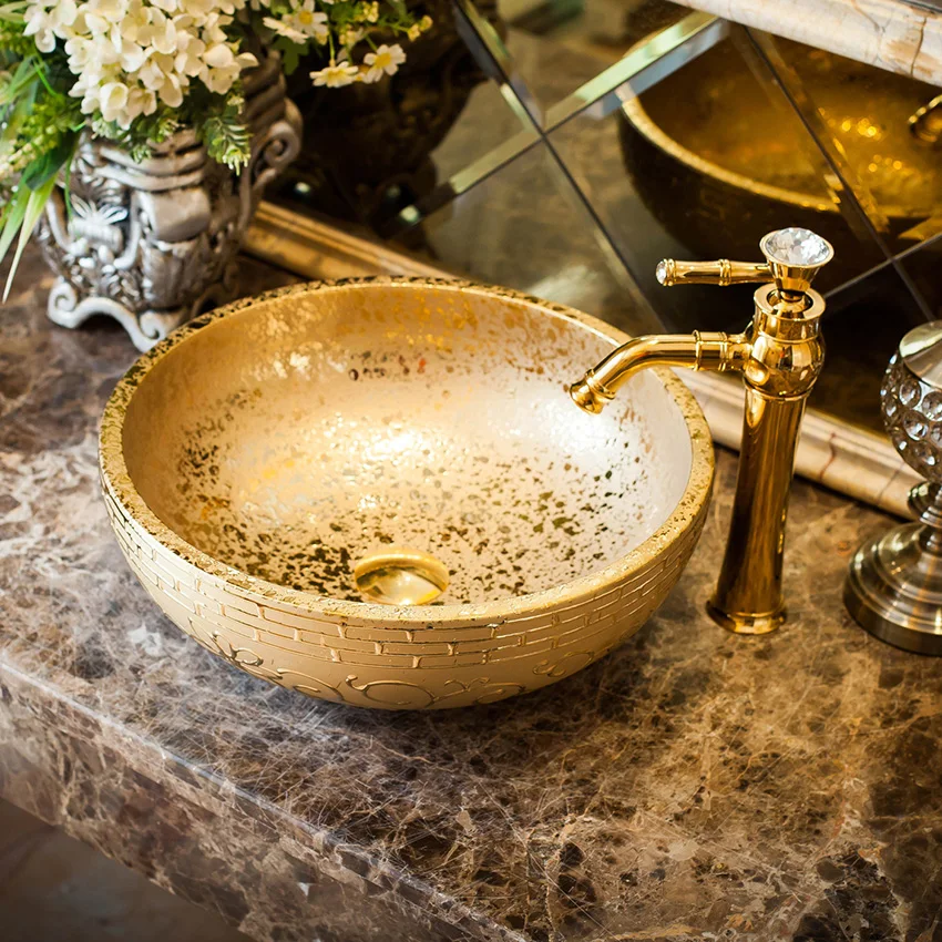 

China Artistic Europe Style Counter Top porcelain gold ceramic wash basin bathroom sink