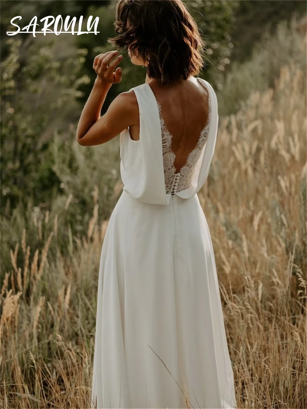 Lace Sheer Back Cheap Wedding Dress Bohemian Simple Chiffon Bride Dresses Sleeveless Casual V Neck Bridal Gown Vestidos De Novia