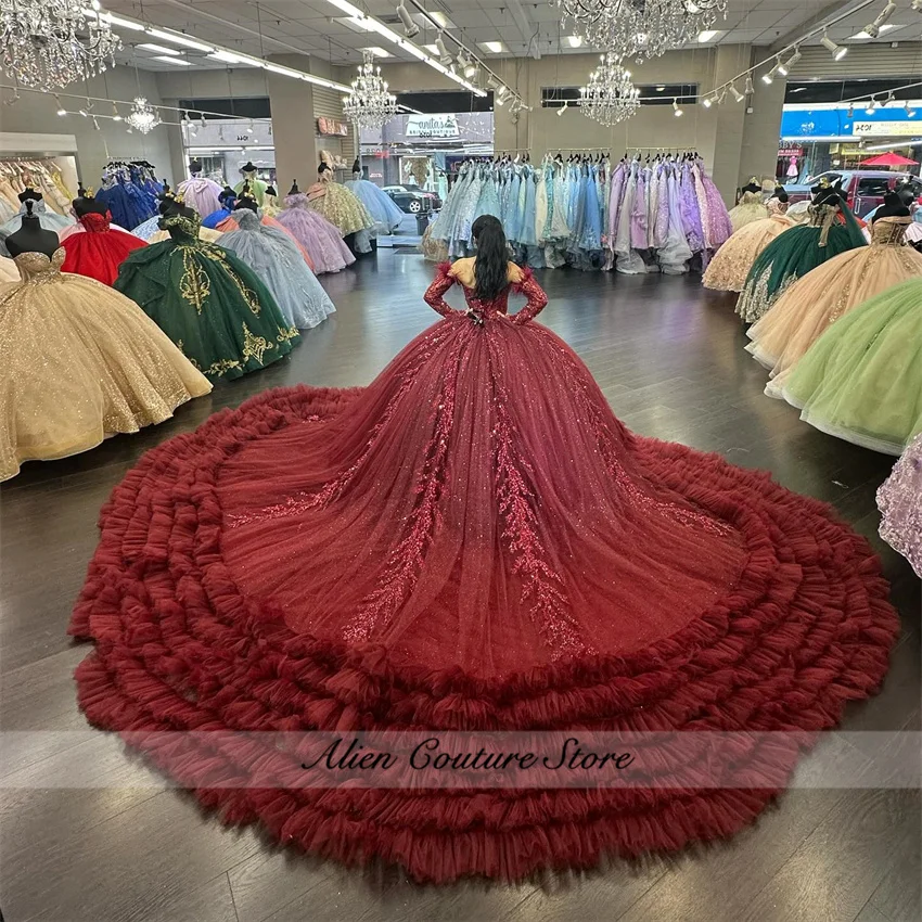 Sparkly Wine Red Princess Quinceanera Dress Long Sleeves Appliques Beads Ruffle Sweet 16 Dress Ball Gown Court Train Customized