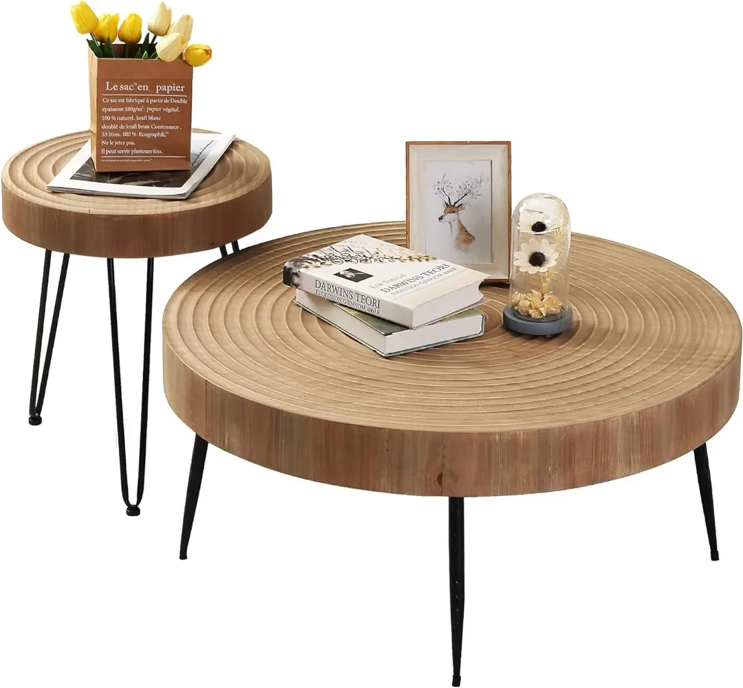 

Farmhouse Round Coffee Table Set of 2, Cocktail Table Set, Modern Circle Natural Wood Finsh Side and End Table Sets，Natural