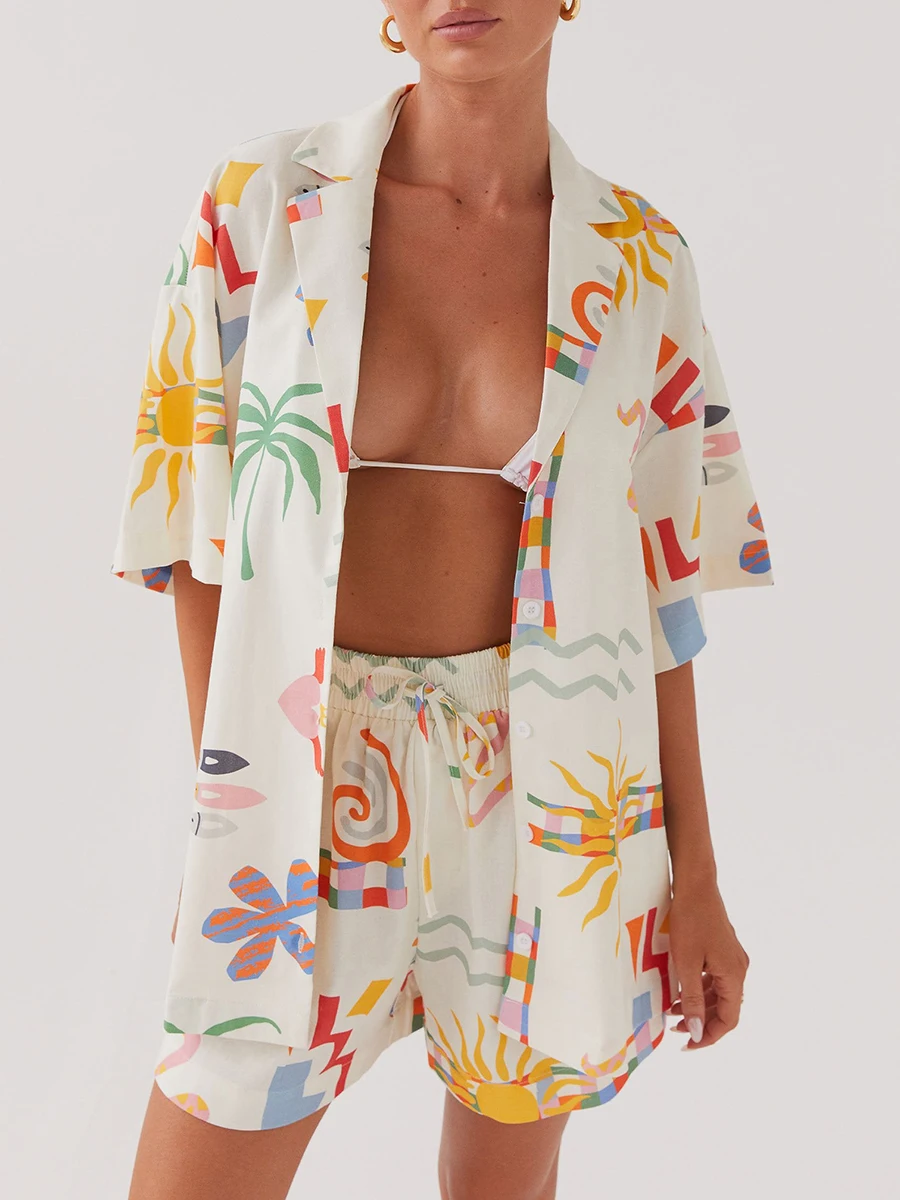 Printed Button Up Shirt and Shorts Set