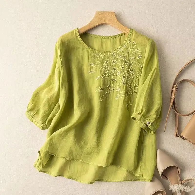 

Summer Women Vintage Casual Embroidery Short Sleeve Loose Green Navy Yellow Top Shirt , Woman Casual Xxl Tops Shirts