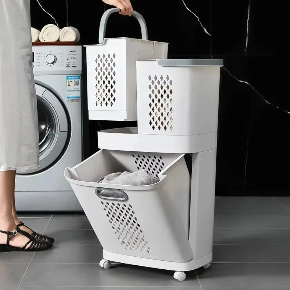 Plastics Laundry Basket Bathroom Dirty Clothe Basket with Wheel Household Multi-Layer Laundry Baskets for Storing Dirty Clothes