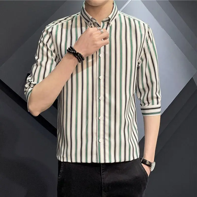2023 Men's Clothing Fashion Business Casual Turn-down Collar Button Man Striped Office Three Quarter Sleeve Spring Summer Shirts