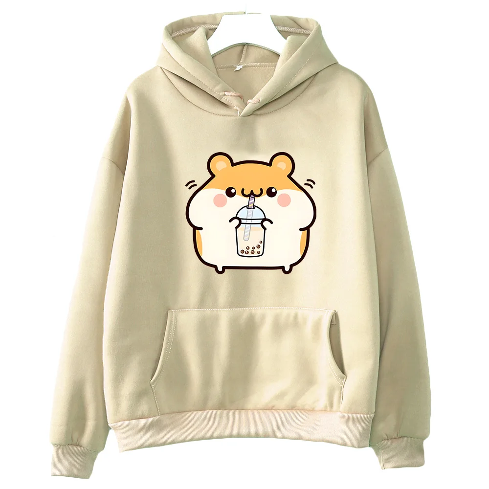 Cute Boba Tea Hamster Graphic Fleece Hoodie – Unisex Casual Winter Sweatshirt