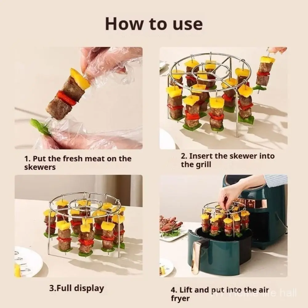 Durable Stainless Steel Air Fryer Grill Round Barbecue Grill with Grilled Skewers Hanging Skewers Rack Vertical Grill Rack