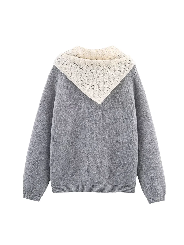 Elegant Knit Short Pullover For Women Chic Scarf Long Sleeves Loose Warm Sweater 2026 New Ladies Daily Street Pullovers