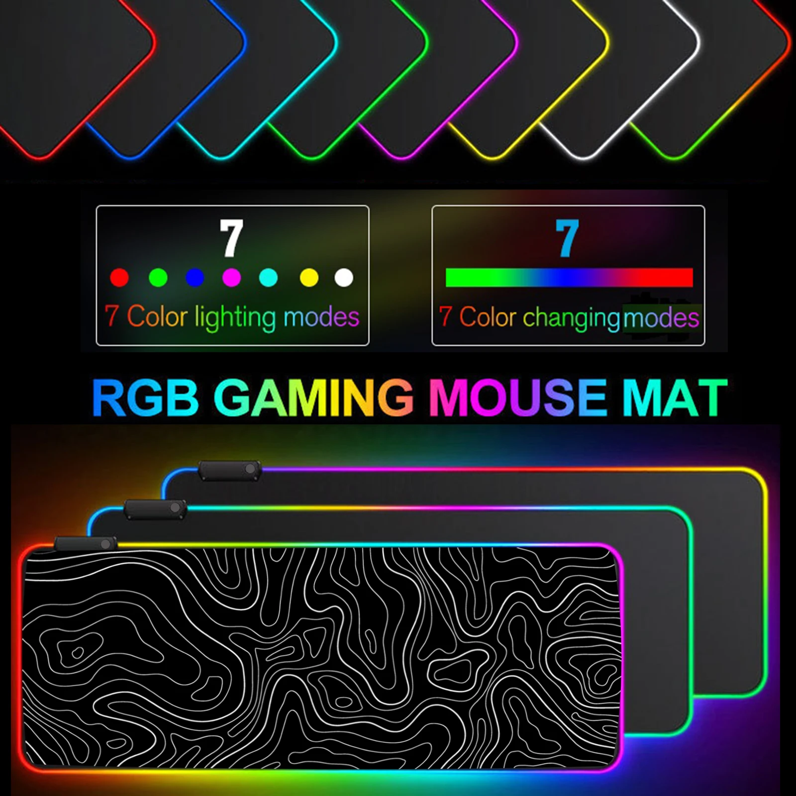 RGB Light Mouse Pad Topographic Black and White Pattern Gaming - Button Control Extended Keyboard Mat Non-Slip Rubber Base 6
