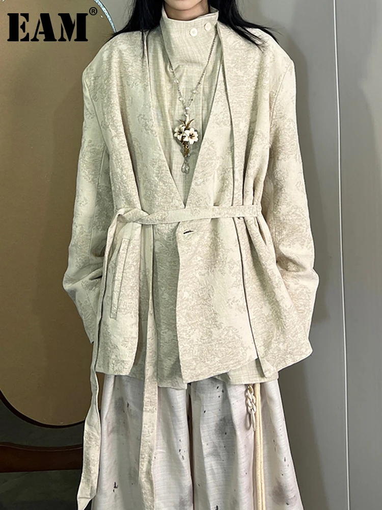 

[EAM] Women Apricot Big Size Jacquard Vintage Blazer New V-neck Long Sleeve Loose Jacket Fashion Tide Spring Autumn 2024 1DH3070