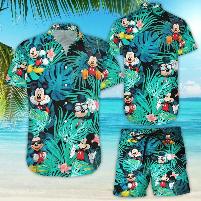 Conjunto de camisa e shorts havaiano mickey masculino e feminino, casual de  férias na praia, botão vintage, verão - AliExpress