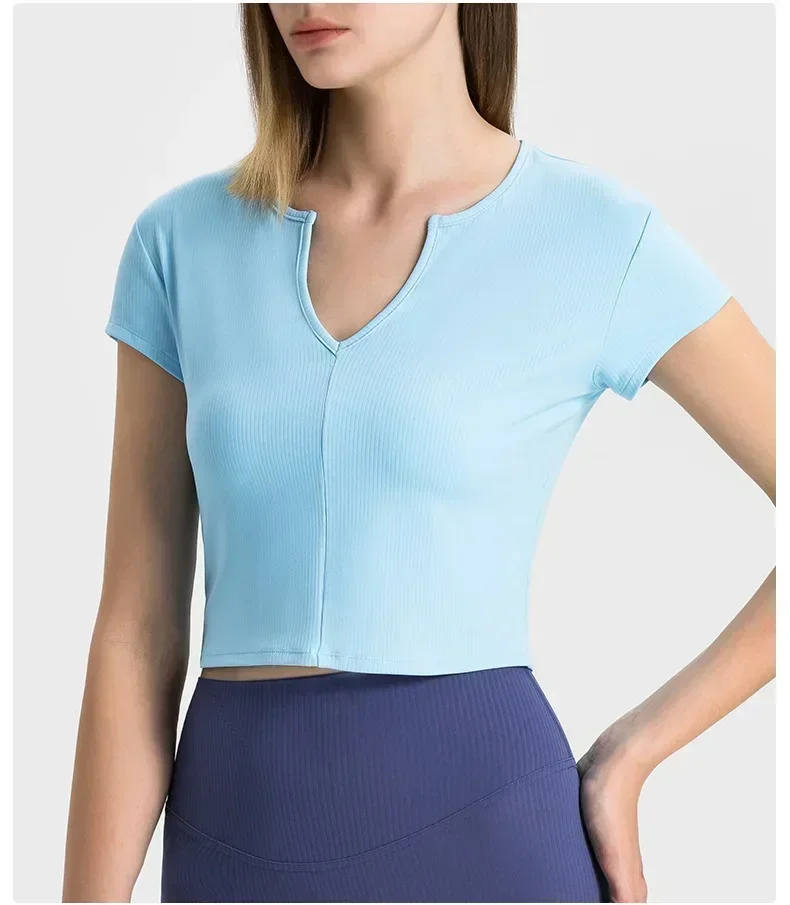 

LU Women Clothing Gym Yoga Sport Shirt Sportswear Outdoor Short Sleeve Tshirt Ribbed Fabric V-Neck Pulovers Thin Waist Top