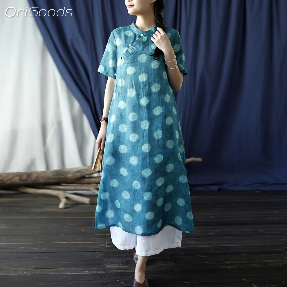 

Оригинальное новое китайское платье Qipao, женское винтажное летнее платье 2024, женское элегантное традиционное китайское платье в горошек X061
