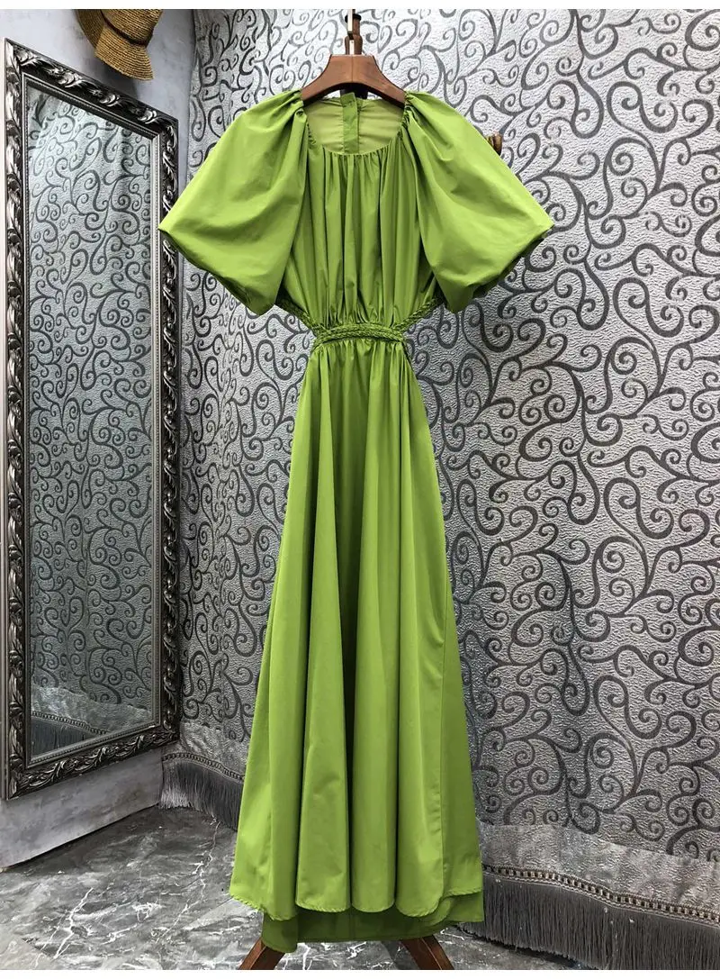 

Newest Fashion Long Dress 2022 Autumn Style Women Hollow Out Sexy Backless Short Sleeve Green Blue Floral Print Long Maxi Dress