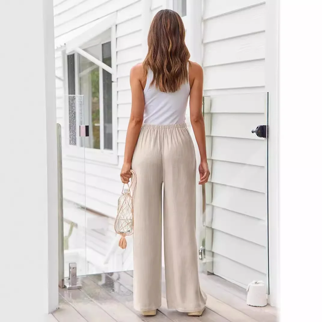 Women's New Linen Summer Drawstring Wide Leg Pants Flowy Wide Leg Beach Belt Pocket