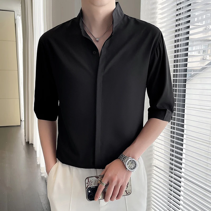 

Men's shirt solid color concealed buckle stand up collar short sleeved Korean summer men's clothing casual shirt medium sleeved