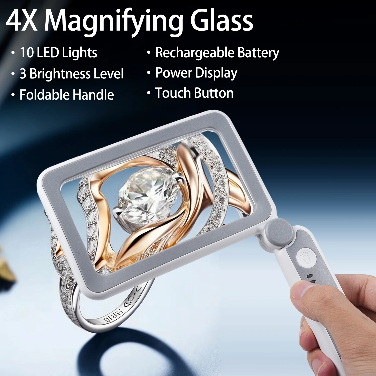 Handheld Magnifier 4X Magnifying Glass for Reading Full Book Page Newspaper Rectangular Magnifying Glass w/ Bright LED Lights 3