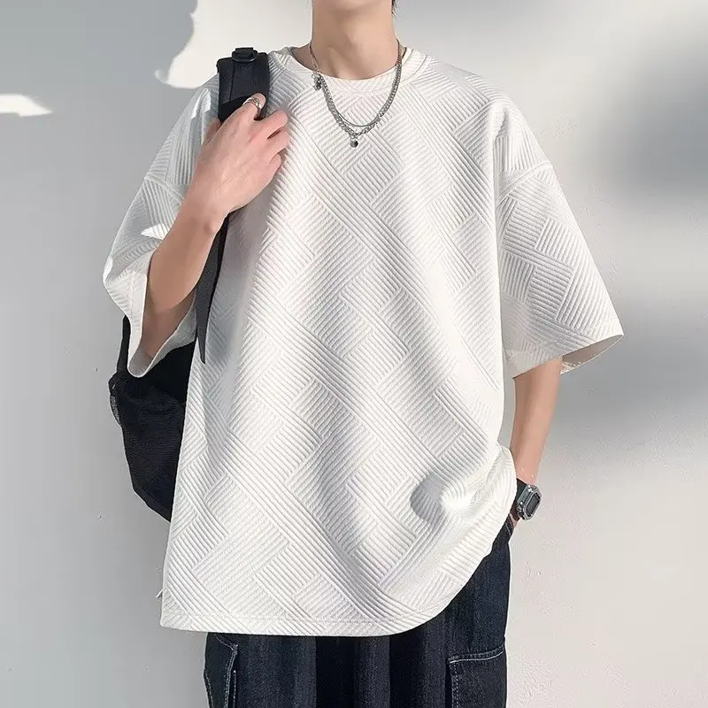 

Oversized T-shirt Waffle Summer Short Sleeve T-shirt Men's Round Neck Loose T Shirt for Men Inspure Color Men's Clothing