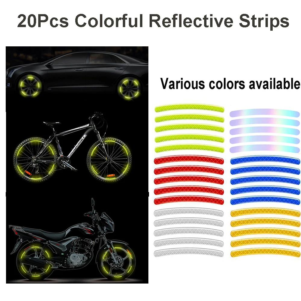 

20Pcs Colorful Reflective Strips Car Motorcycle Wheel Hu-b Stickers Styling Decal Stick-er Auto Moto Decor Accessories Tools