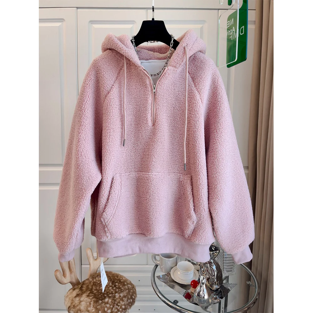 

Sweet Pink Hoodies For Women Solid Oversize Lamb Fleece Pullover T-shirt Female Thick Warm Outfit Hooded Tops Autumn Winter