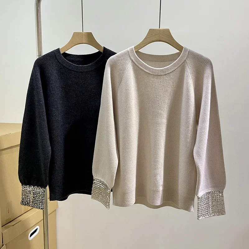 

Women Sweater Cuffs Sequin Decoration Casual 2023 Fall Winter O-neck Long Sleeve Knitted Pullover
