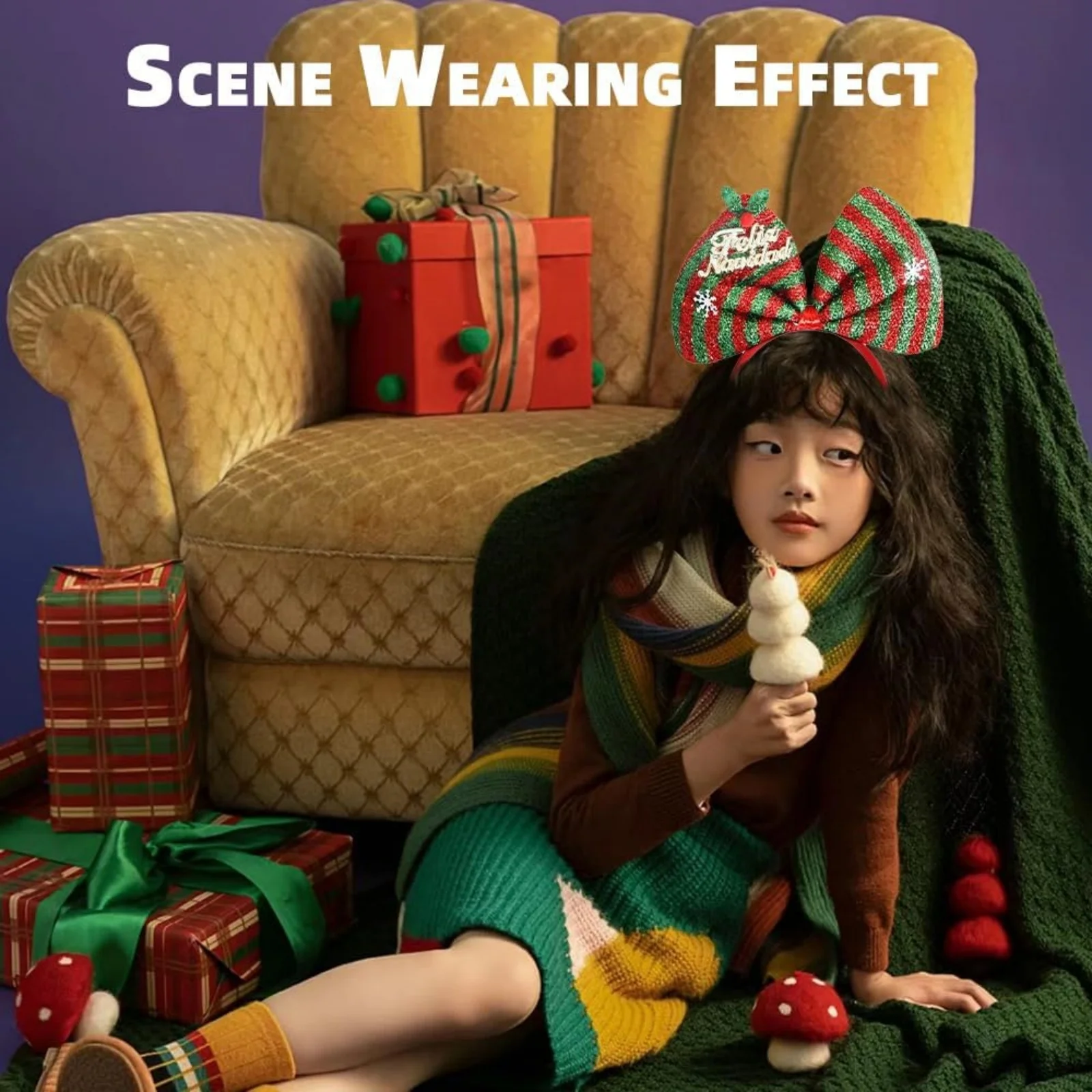 1PC  Christmas Bow Headband - Glitter Red Green Striped With Snowflake Decor, Xmas Holiday Party Hair Accessory For Women