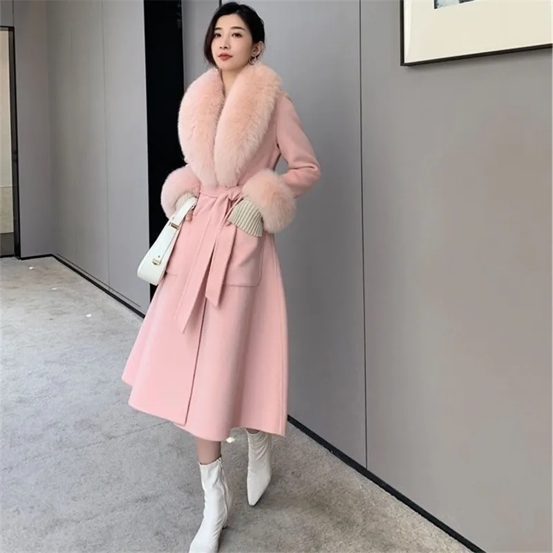

Autumn Winter Coat Female Solid Color Fur Collar Medium Long Woolen Top Lace-up Pocket Temperament Fashion ZM423