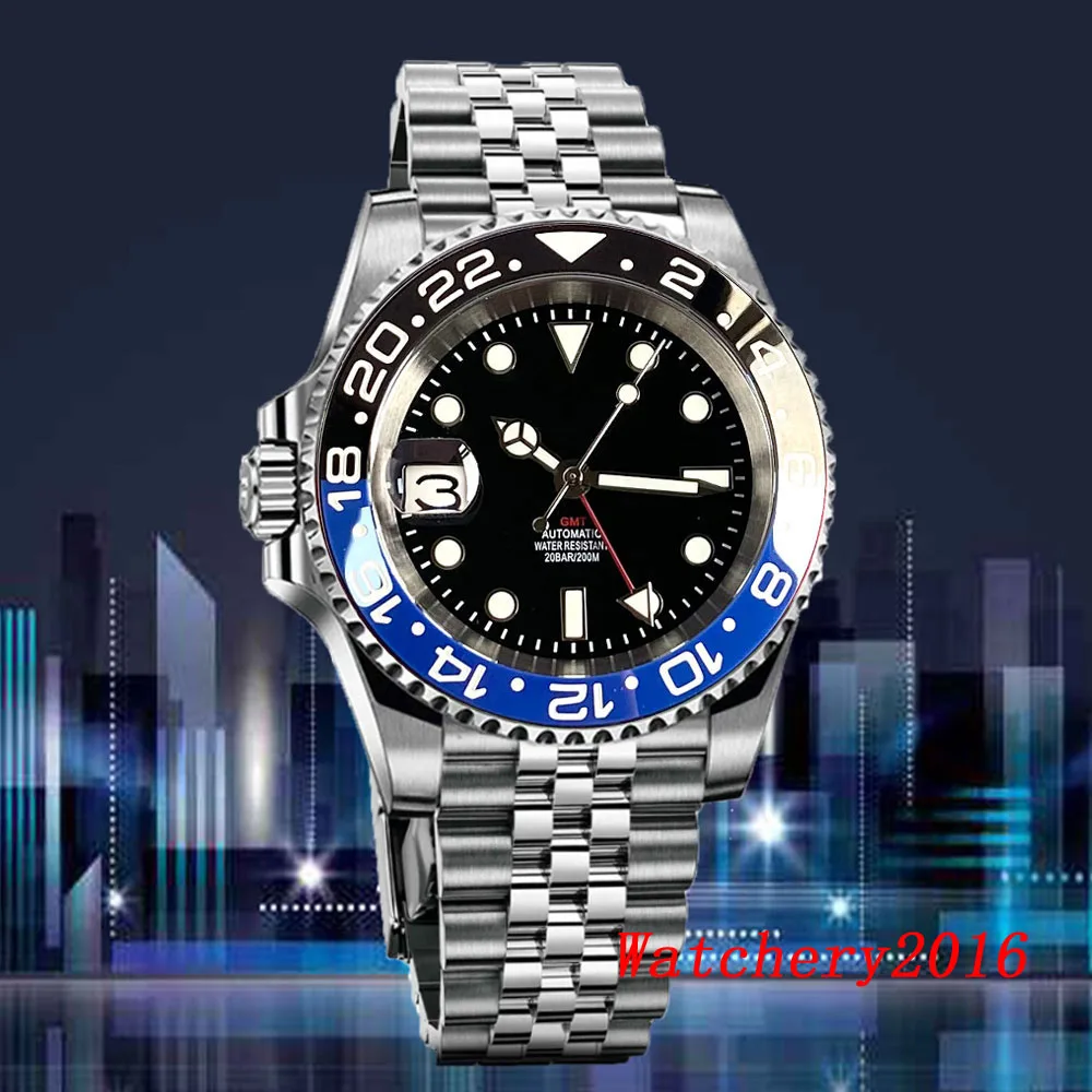 

Tandorio 40mm GMT Sapphire Glass Left Hand Crown Japan NH34 NH34A GMT Mechanical Automatic Men's Watch Blue Red Bezel Luminous