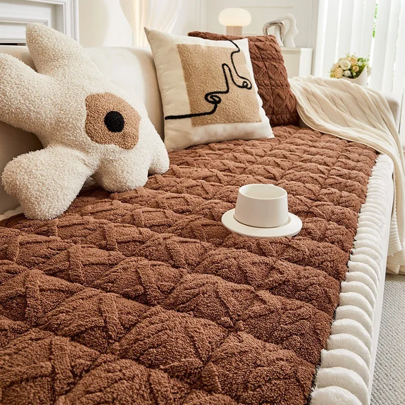Solid Color Thicken Plush Sofa Cover Simple Furniture Protector Universal Non-slip Washable Couch Blanket for Living Room 3