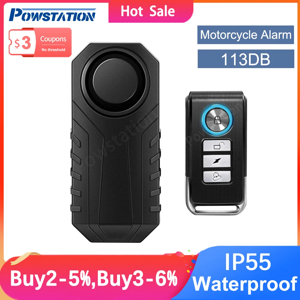 Powstation Motorcycle Alarm Wireless Remote Control 113DB Electric Bicycle Security Alarm Waterproof Anti-theft Alarm for Motor