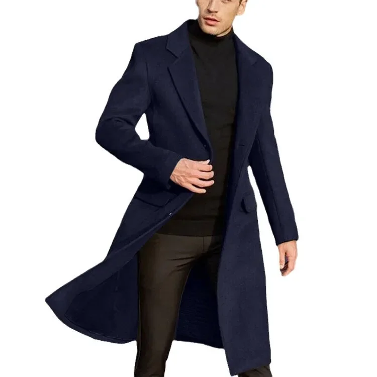 British Style Men Long Trench Coat Woolen Coat Men's Autum Winter Solid Color Warm
