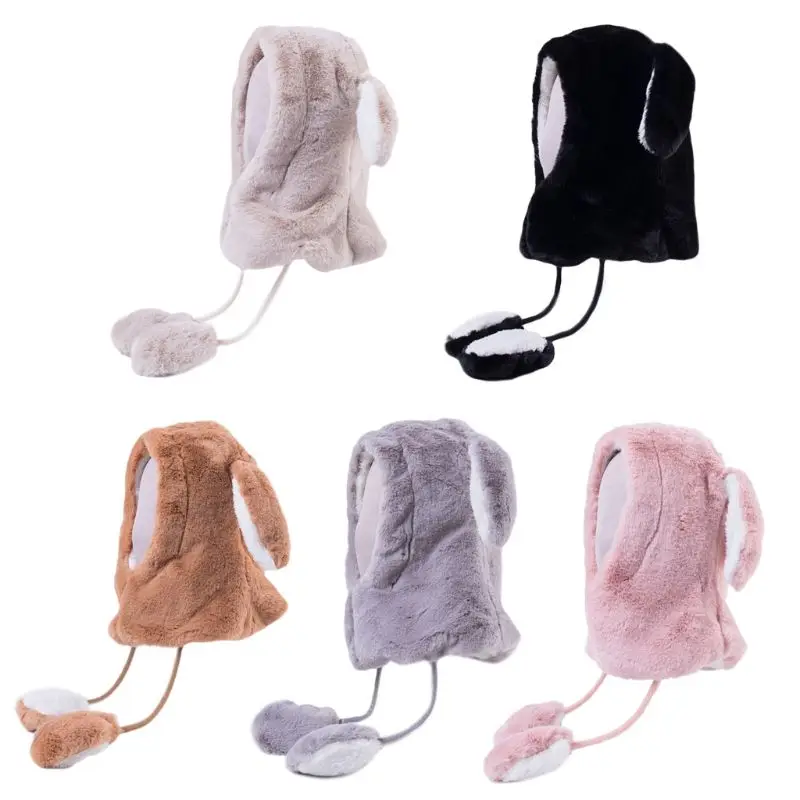 

Women Girl Jumping Bunny Ears Full Cover Earflap Hat Thicken Plush Moving bag Toy Winter Warm Hood Balaclava