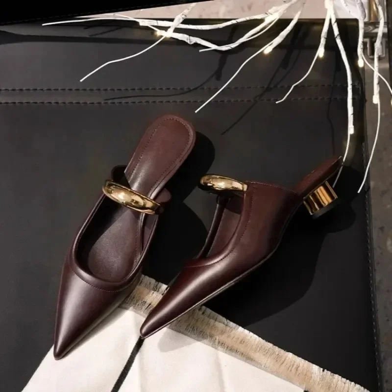 Punk Gothic Metal Buckle Low Heels Sandals Women 2024 New Pointed Toe Thick Heeled Summer Slippers Woman Platform Muller Shoes 3