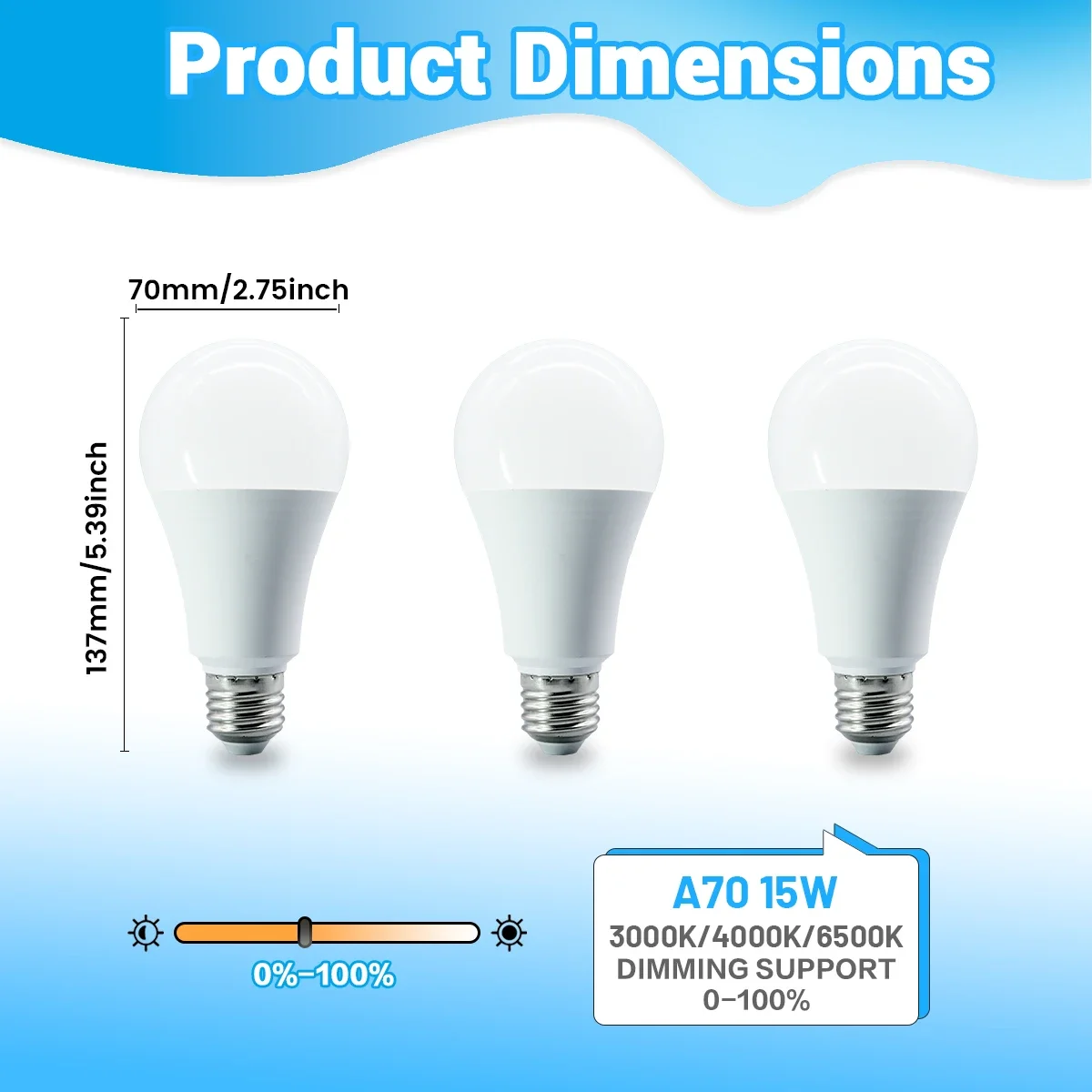 รูปสินค้า หลอดไฟ LED ปรับแสงได้ 1-10 ชิ้น ขั้ว E27 รุ่น A70 ความสว่างสูง 15W 1200LM 3000K/4000K/6000K แสงเย็น ปราศจากการกระพริบ เหมาะสำหรับใช้ในบ้าน
