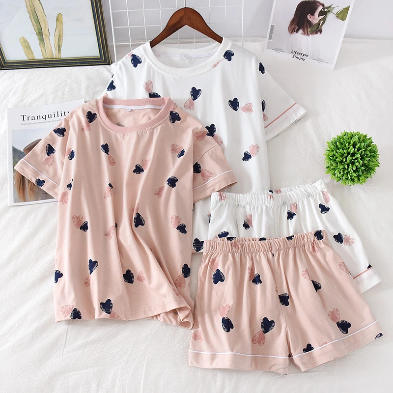 sexy pajamas for women Women's 100% cotton short-sleeved shorts in summer pajamas cartoon summer sports and leisure two-piece suits can be worn out nightwear set for ladies