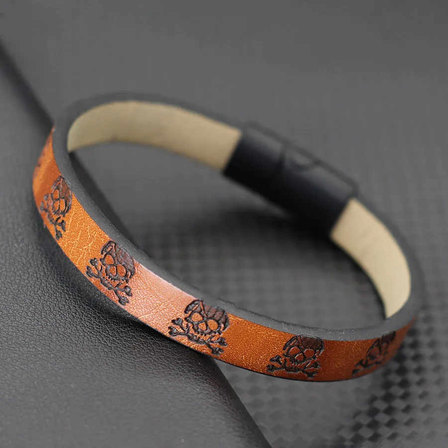 Leather Gothic Skull Men Bracelet with Magnetic Buckle