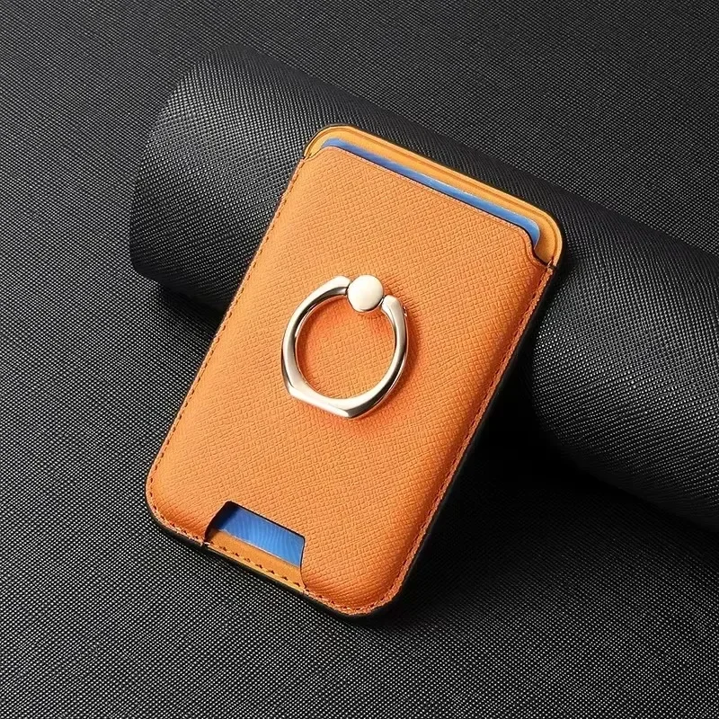 Leather Magnetic Card Holder Wallet with Finger Ring Stand