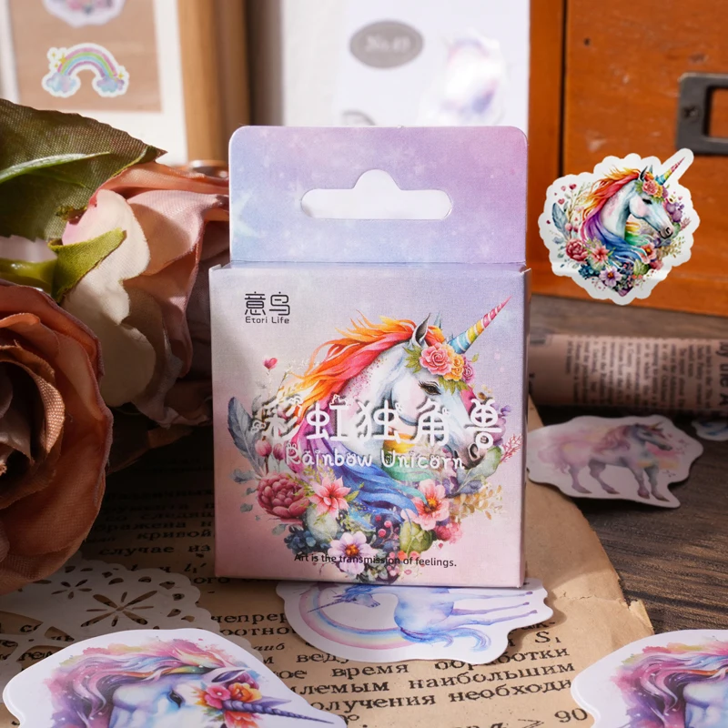 46Pcs/Set Rainbow Unicorn Theme Stickers Aesthetic Journaling Phone Labels Decorative Collage Material Personalized Scrapbooking