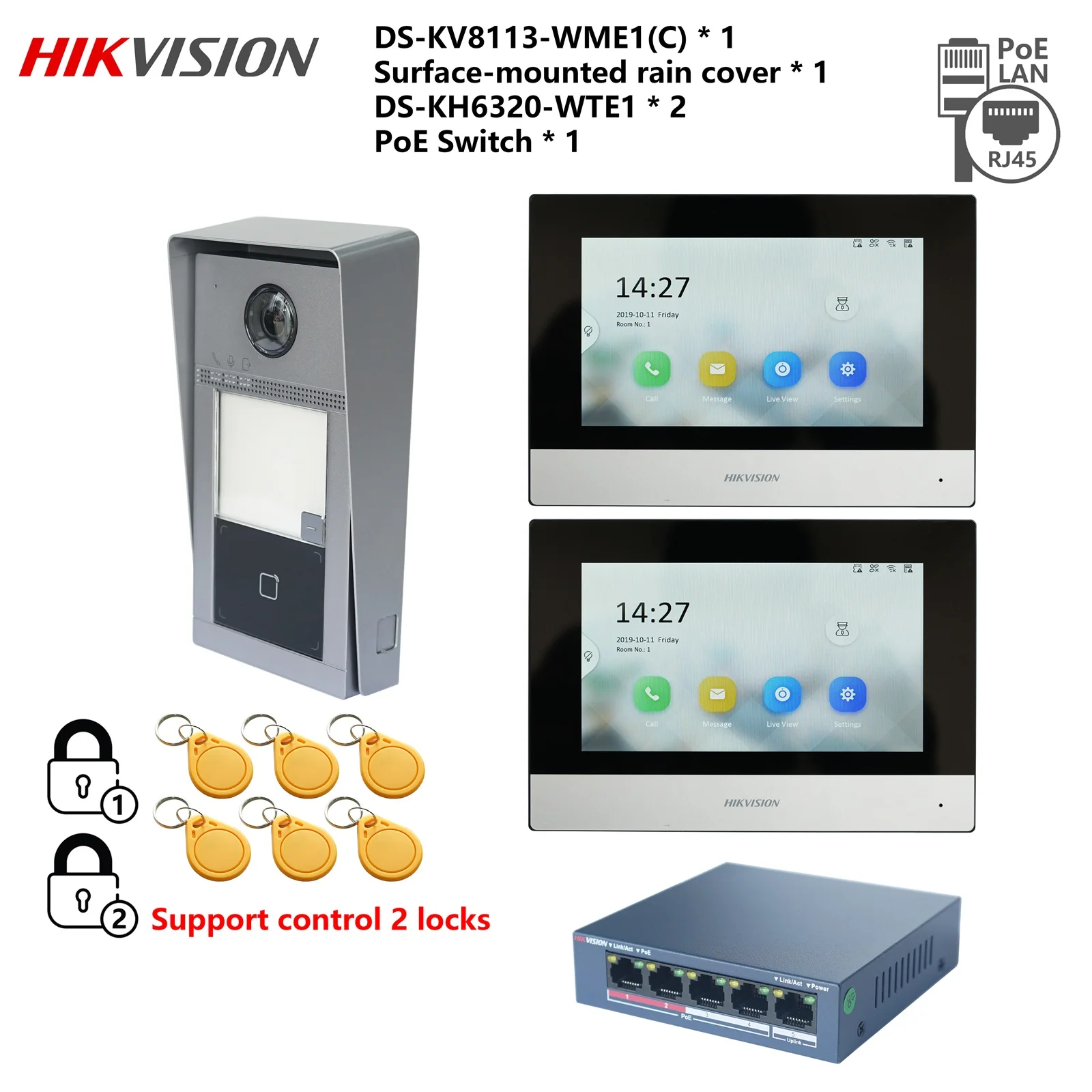 HIKVISION Original mehrsprachiges 802.3af POE-Video-Gegensprechanlage-KIT, einschließlich DS-KV8113-WME1(C) und DS-KH6320-WTE1 und PoE-Switch