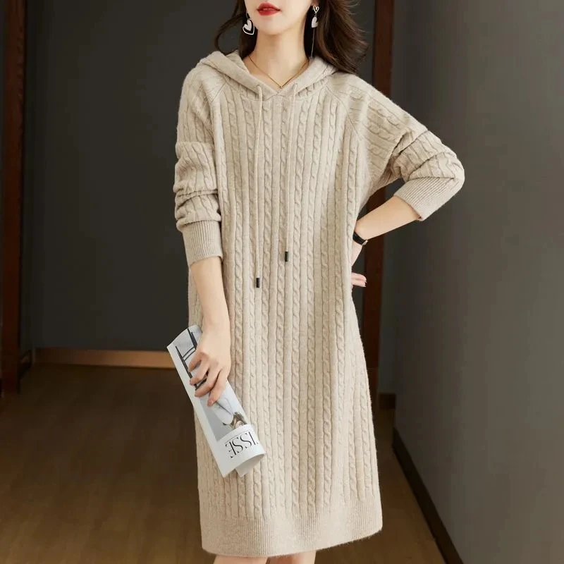 Gray Hooded Dress For Women Autumn And Winter New Loose Knit Sweater Base Hoodie Dress Knee Length Straight Tube Dress Pullover