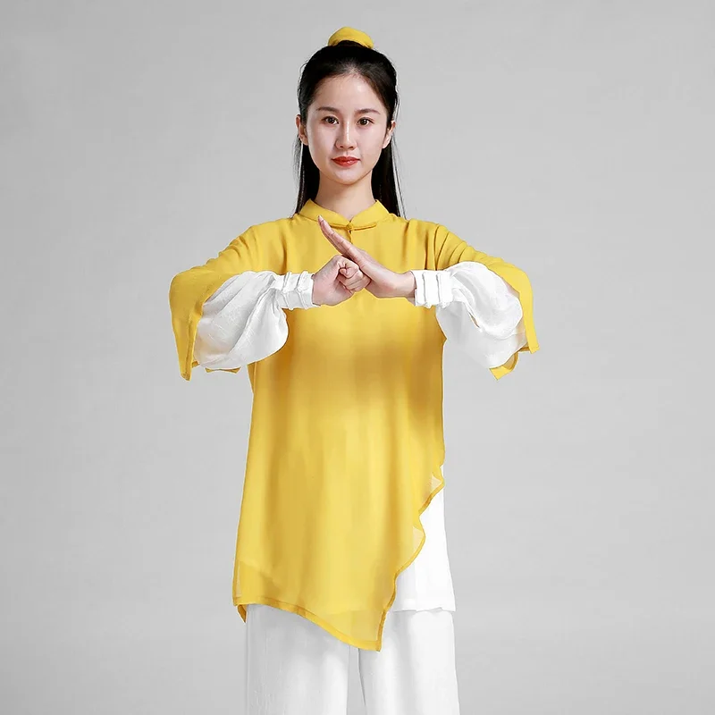 

Одежда Wushu, платье кунг-фу, одежда Тай Чи, униформа для боевого искусства для женщин и девушек, мастер-кун в китайском стиле, новинка 2023, стильный желтый