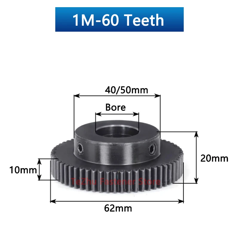 Description Picture 3 of item1pc Spur Gear 1 Module 60 Teeth 45# Steel Motor Gears with Step 1M 60T Straight Gear Bore 6/8/10/12/14/15/16/17/18/19/20-30mm