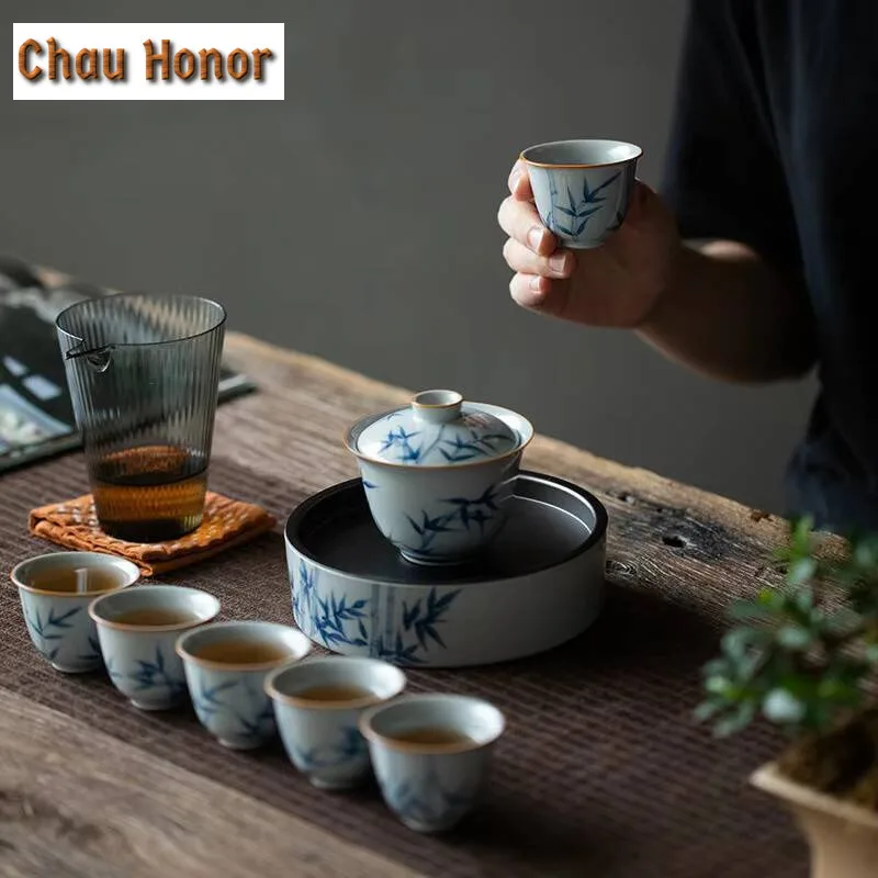 2pcs /set Hand Painted Blue And White Bamboo Tea Cup Antique Glaze Household Tea Cup Tea Ceremony Accessories Drinkware 50ml