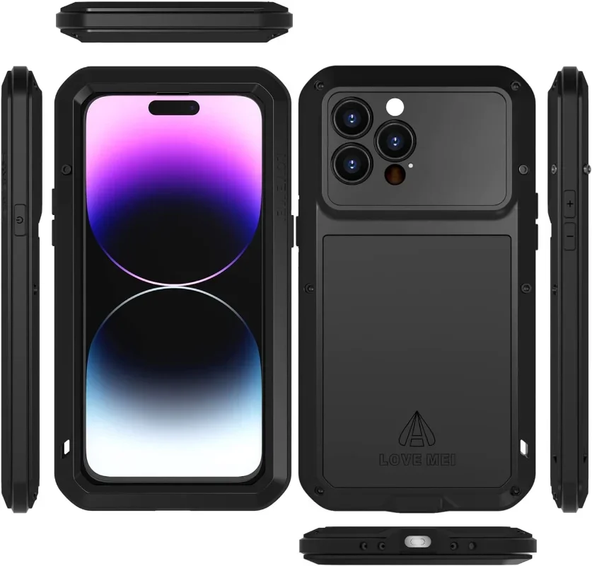 LOVE MEI Heavy Duty Military Tough Armor Metal Case for iPhone 14Pro Max 14Plus Full Body Protection Cover Hybrid Hard Aluminum
