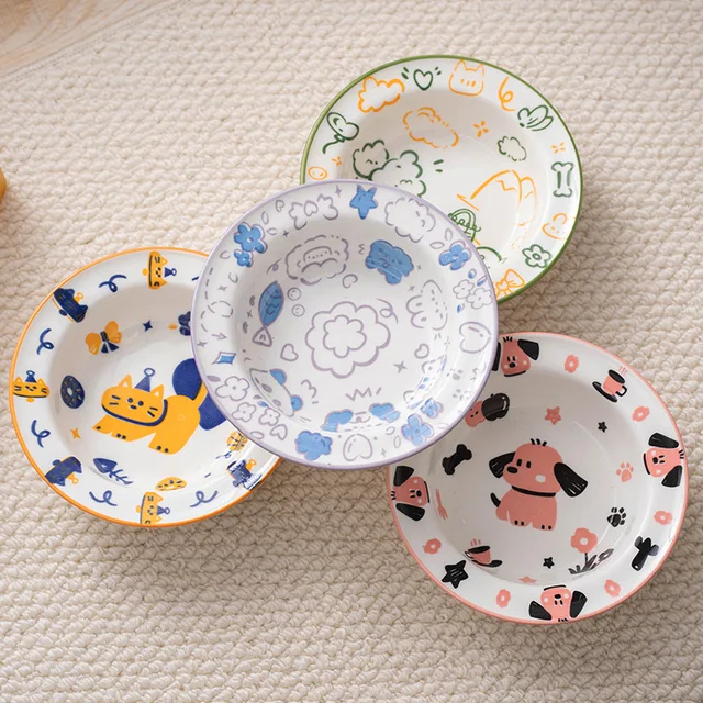 Ceramic Cat Dog Bowl with Iron Stand, Anti-Black Chin Pet Feeding & Drinking Bowl, Slow Feeder UFO Shape Macaron Color 4